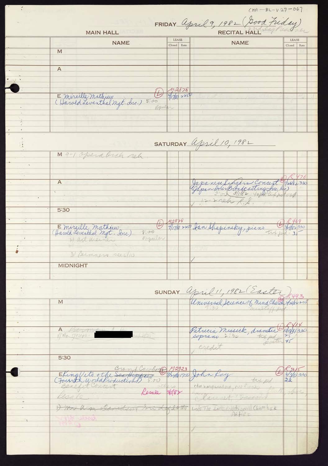 Carnegie Hall Booking Ledger, volume 27, page 67