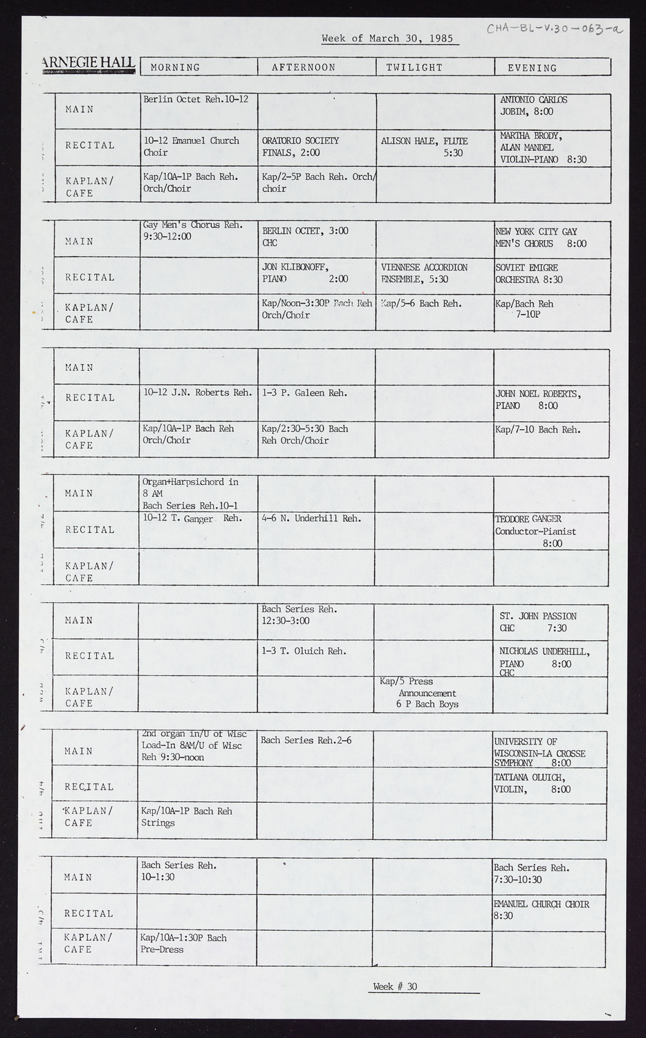 Carnegie Hall Booking Ledger, volume 30, page 63a