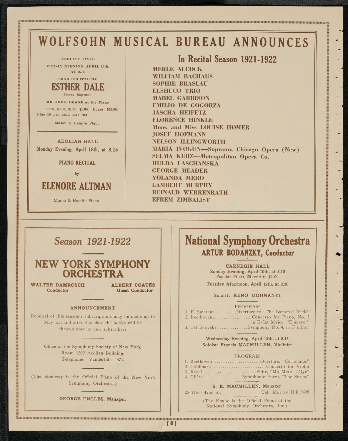 Sophie Braslau, Contralto, April 10, 1921, program page 8