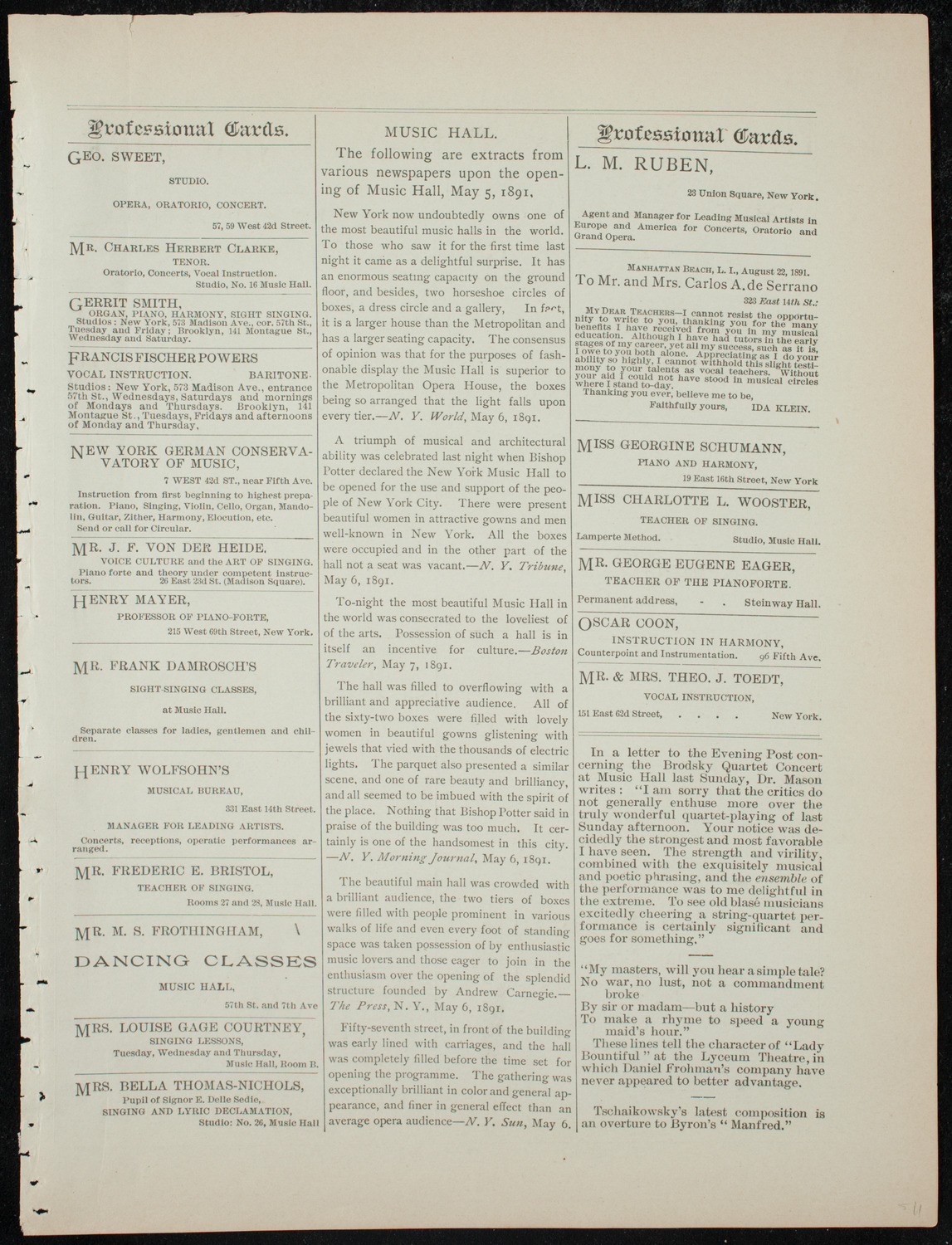 Damrosch Sunday Concert, January 3, 1892, program page 11