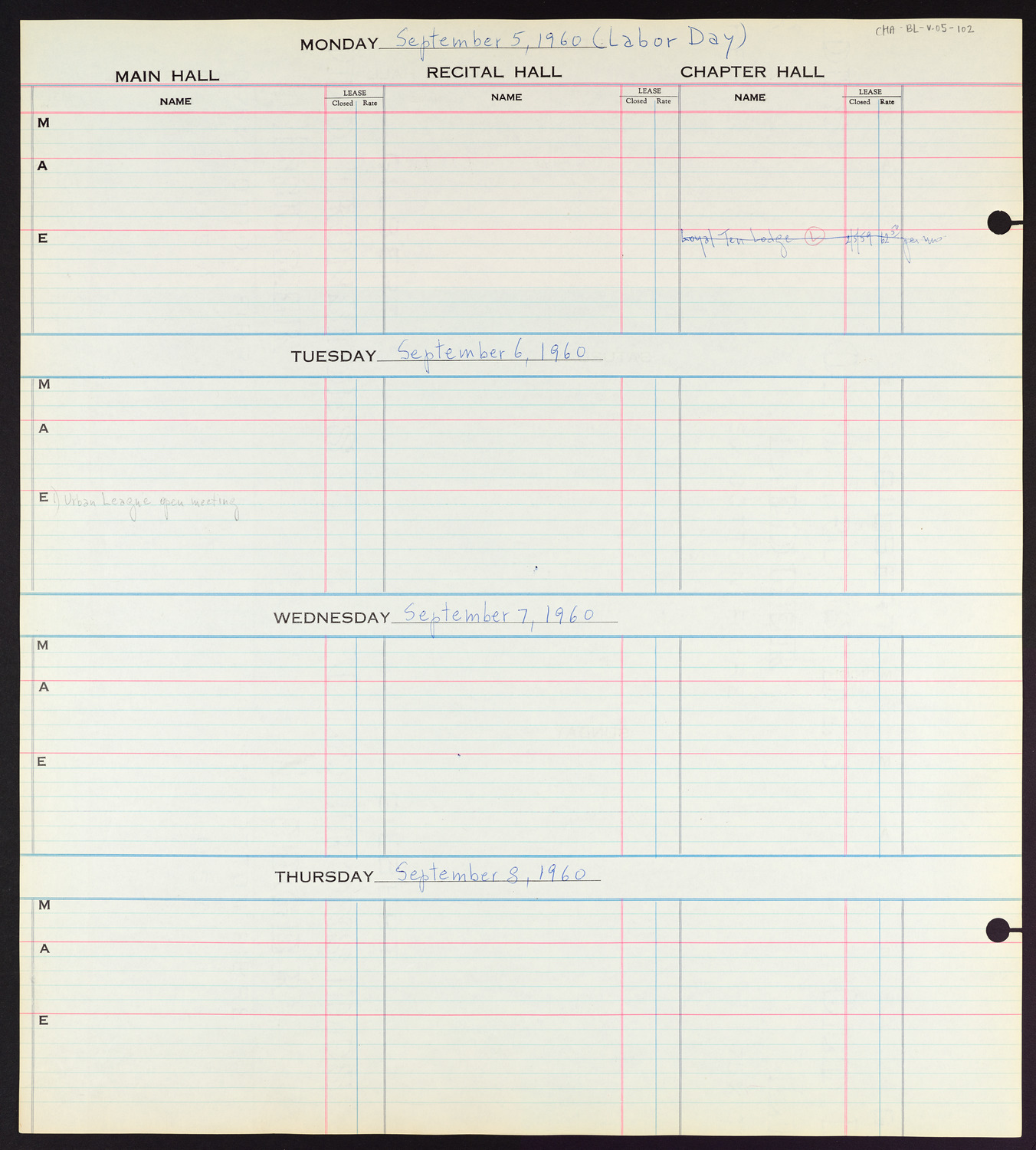 Carnegie Hall Booking Ledger, volume 5, page 102