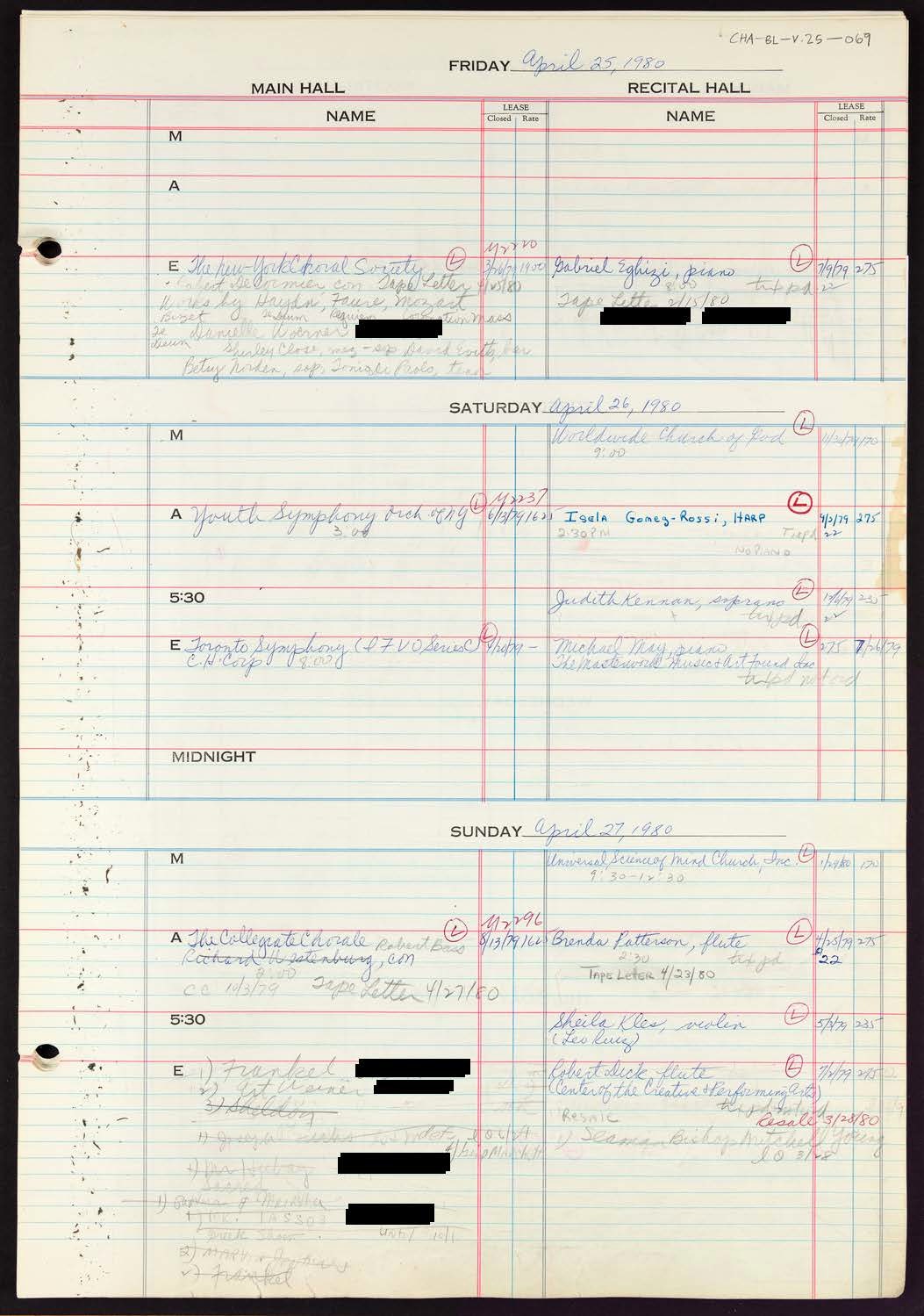 Carnegie Hall Booking Ledger, volume 25, page 69