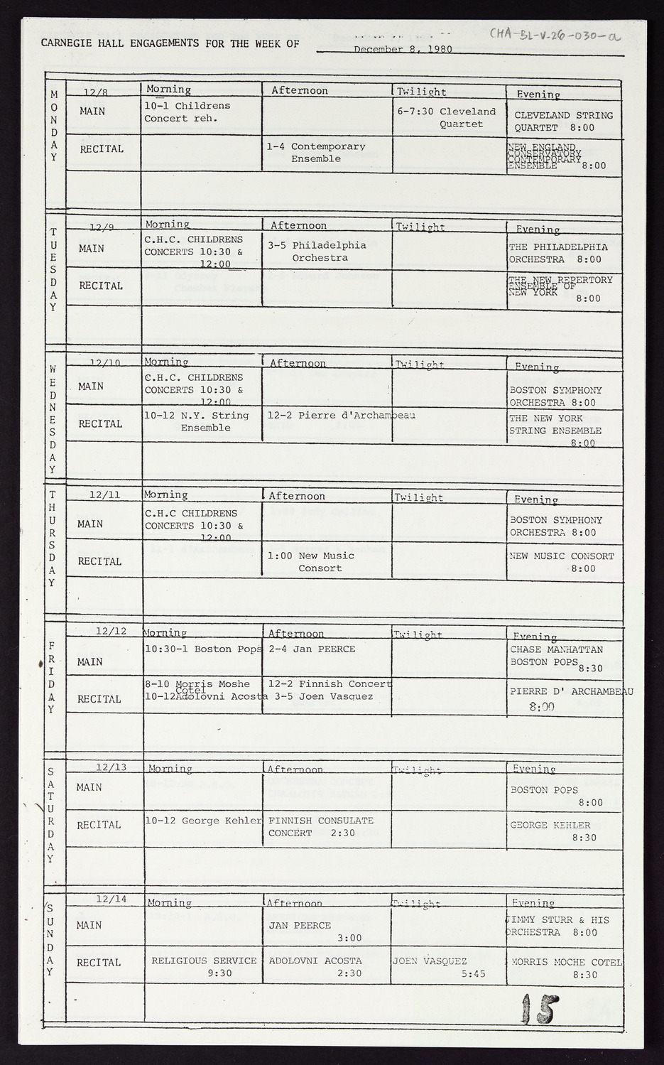 Carnegie Hall Booking Ledger, volume 26, page 30a