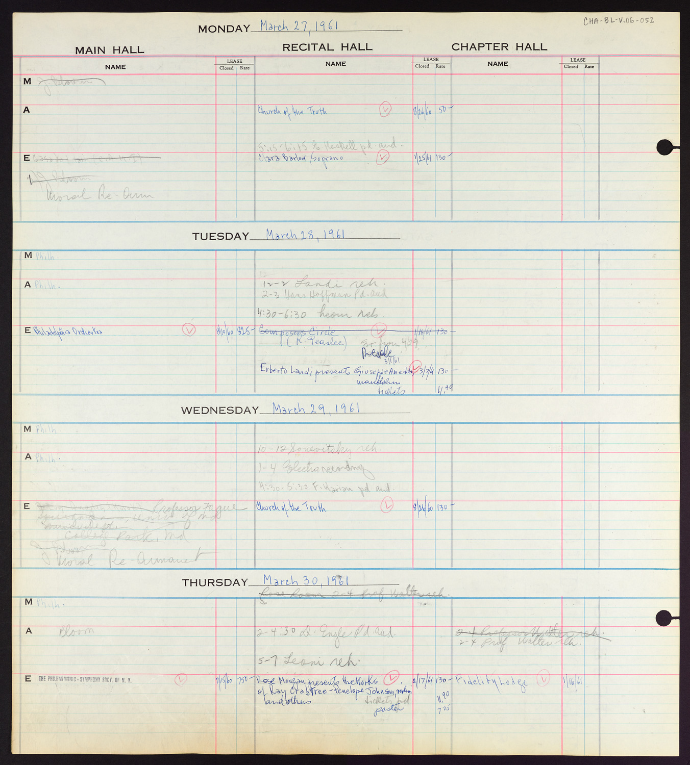 Carnegie Hall Booking Ledger, volume 6, page 52