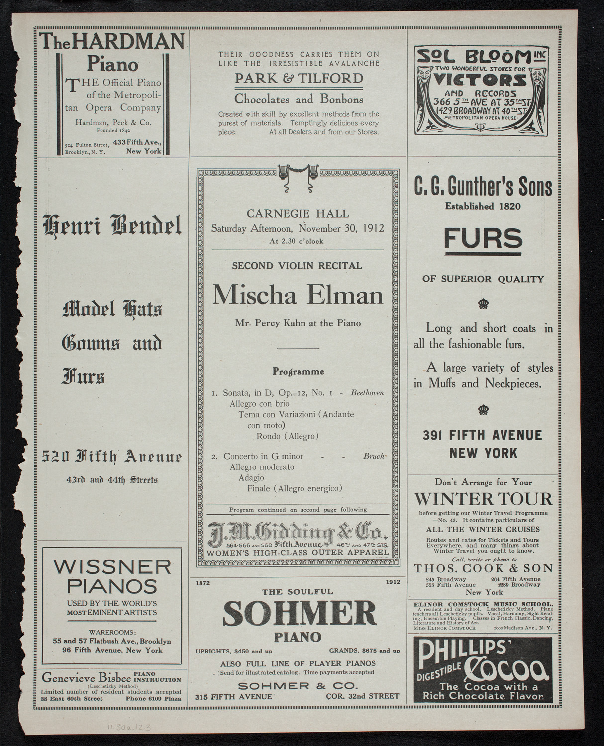 Mischa Elman, Violin, November 30, 1912, program page 5