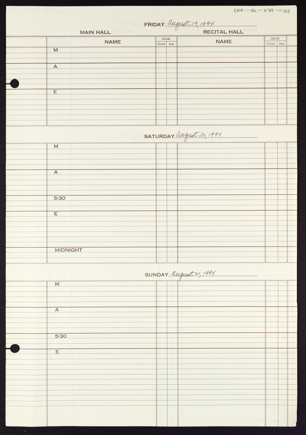 Carnegie Hall Booking Ledger, volume 39, page 105