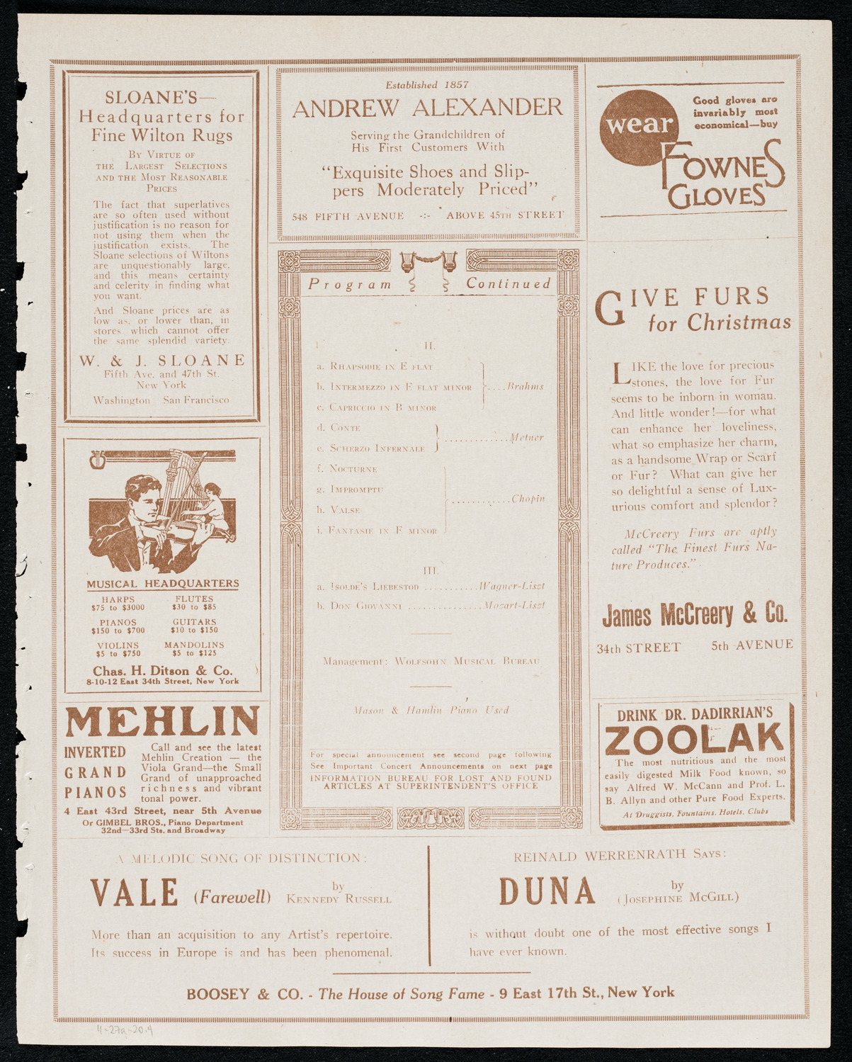 Benno Moiseiwitsch, Piano, November 27, 1920, program page 7