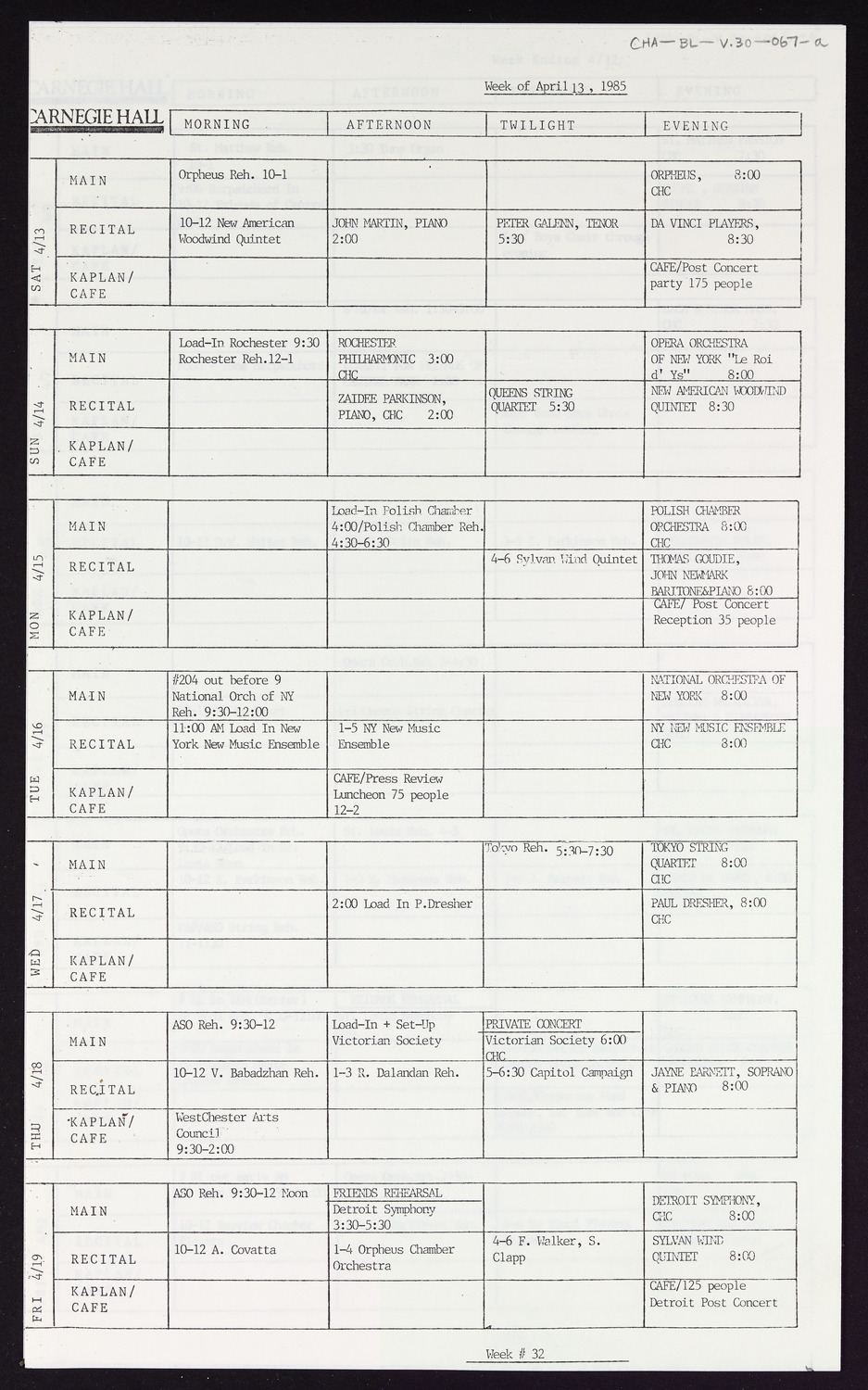 Carnegie Hall Booking Ledger, volume 30, page 67a