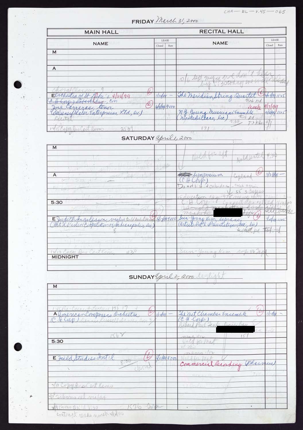 Carnegie Hall Booking Ledger, volume 45, page 65