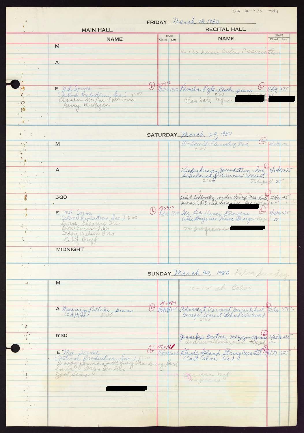 Carnegie Hall Booking Ledger, volume 25, page 61