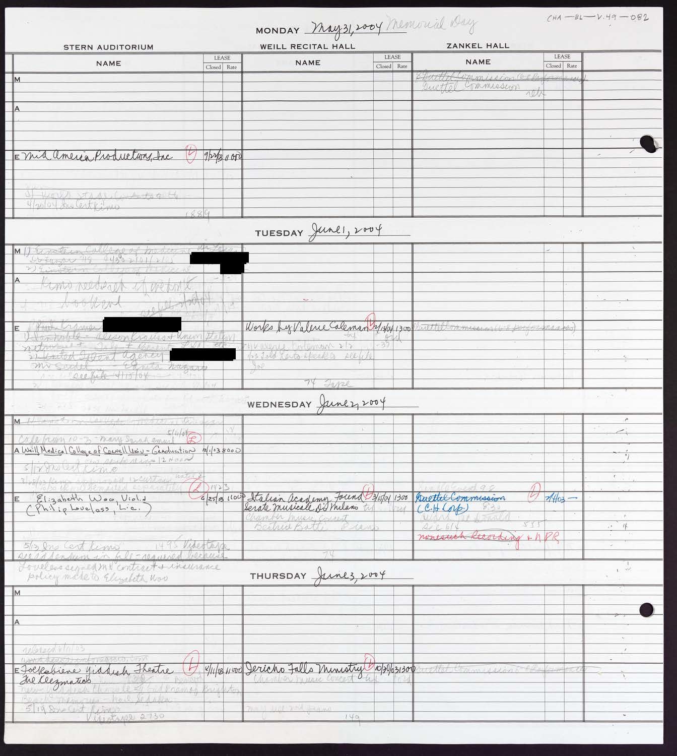 Carnegie Hall Booking Ledger, volume 49, page 82