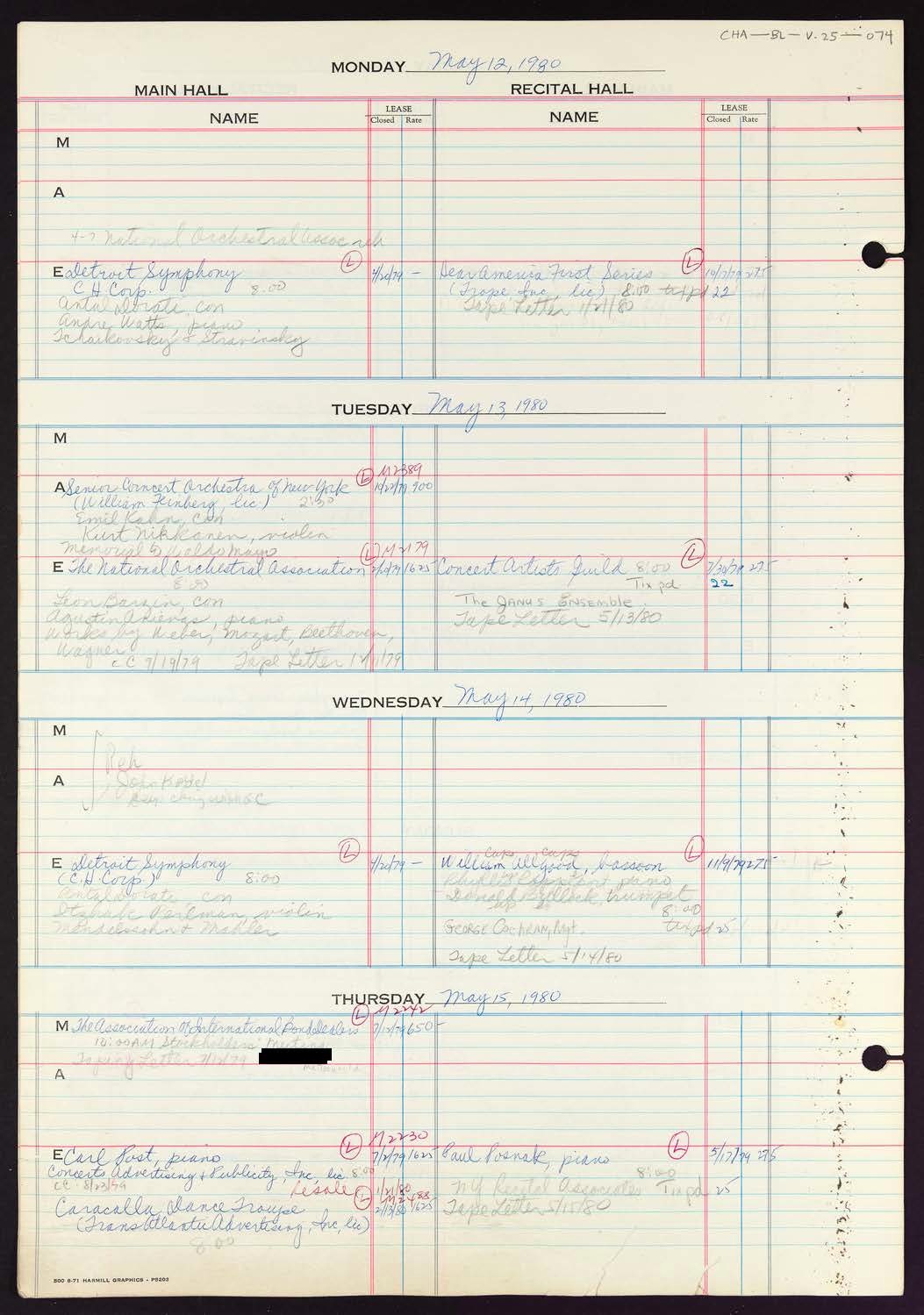 Carnegie Hall Booking Ledger, volume 25, page 74