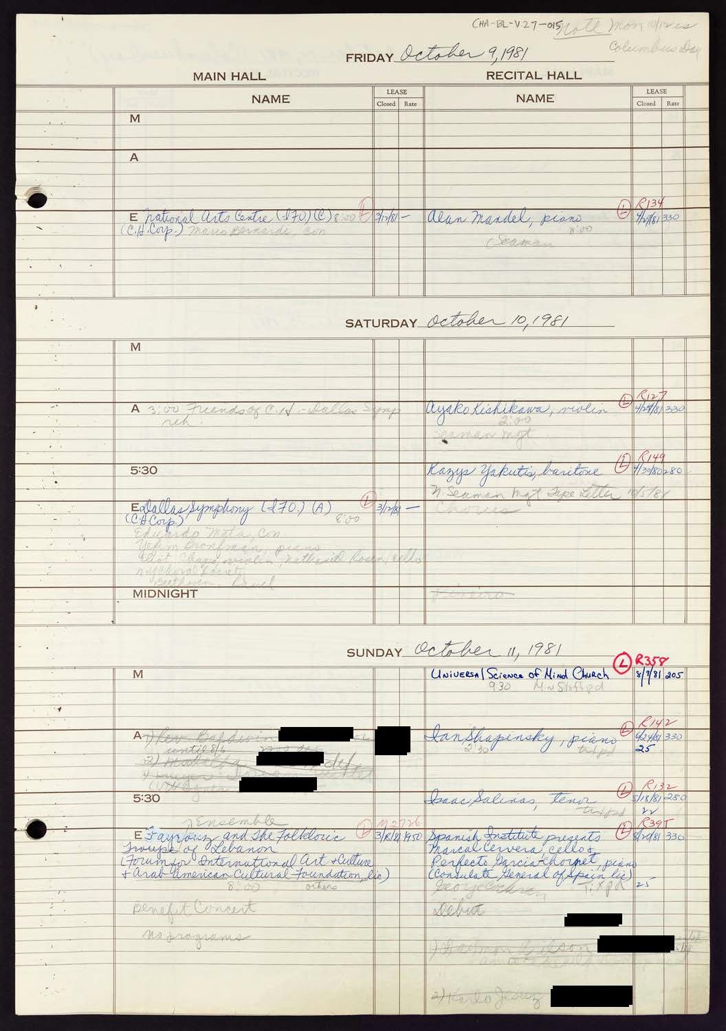 Carnegie Hall Booking Ledger, volume 27, page 15