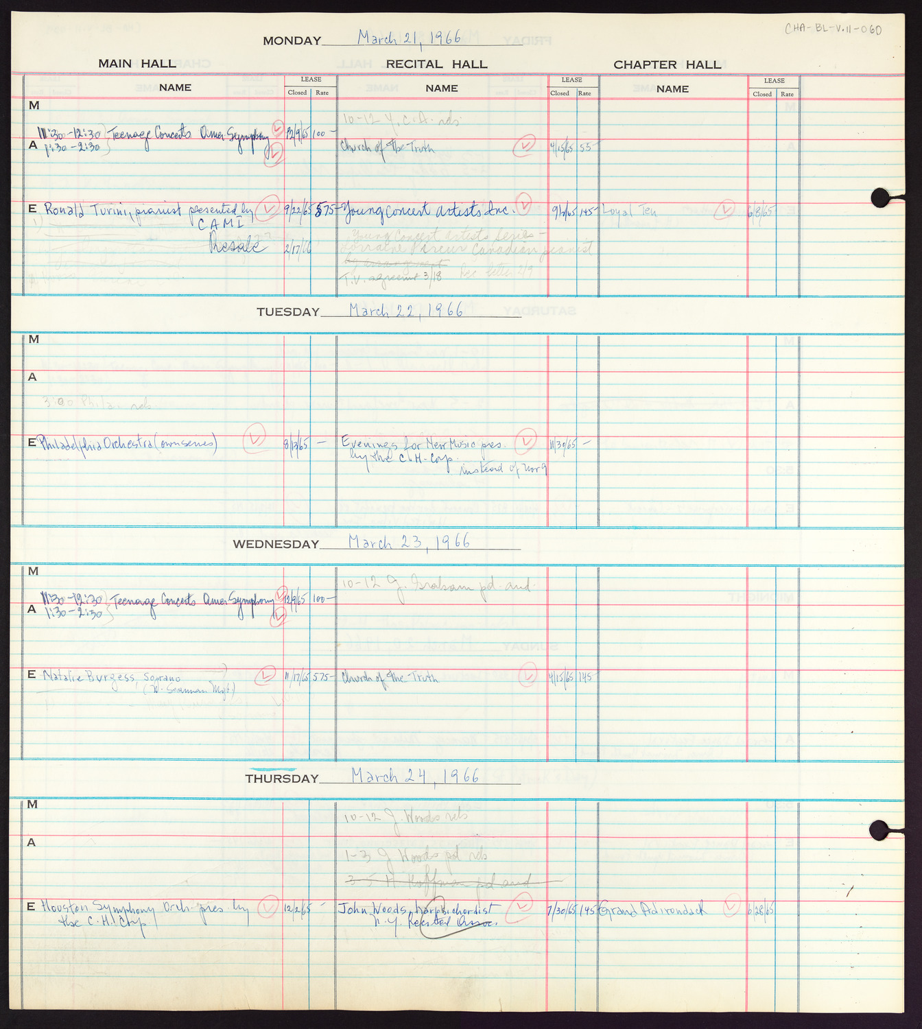 Carnegie Hall Booking Ledger, volume 11, page 60