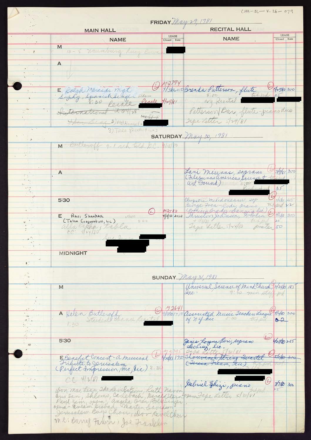 Carnegie Hall Booking Ledger, volume 26, page 79