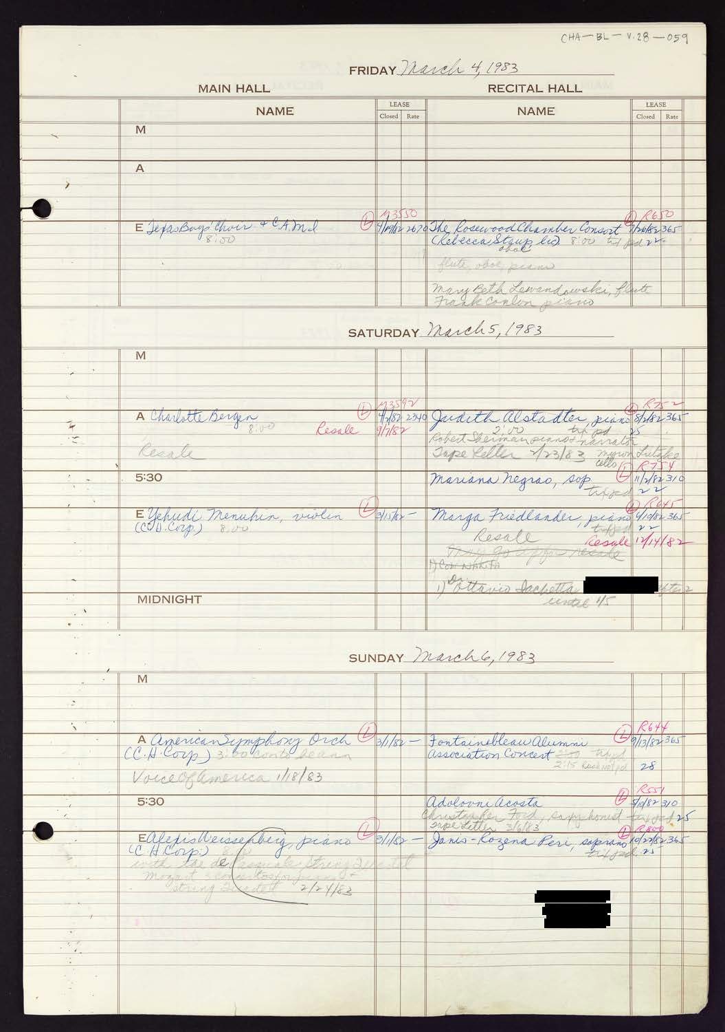 Carnegie Hall Booking Ledger, volume 28, page 59