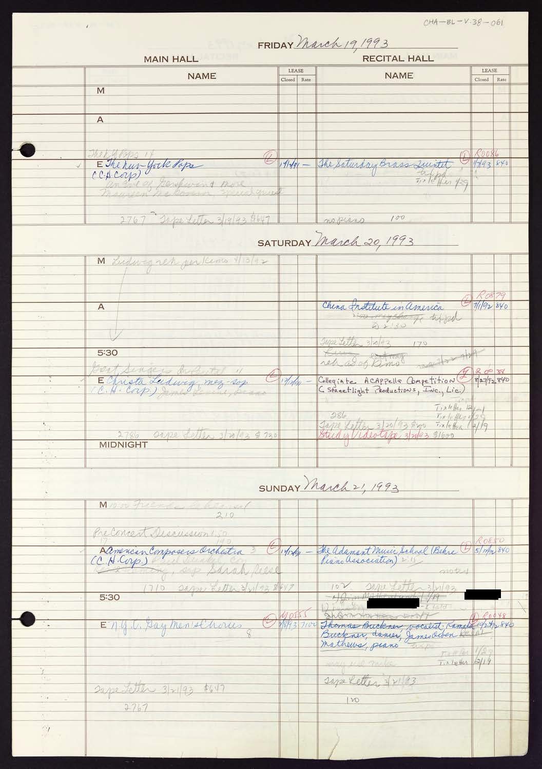 Carnegie Hall Booking Ledger, volume 38, page 61