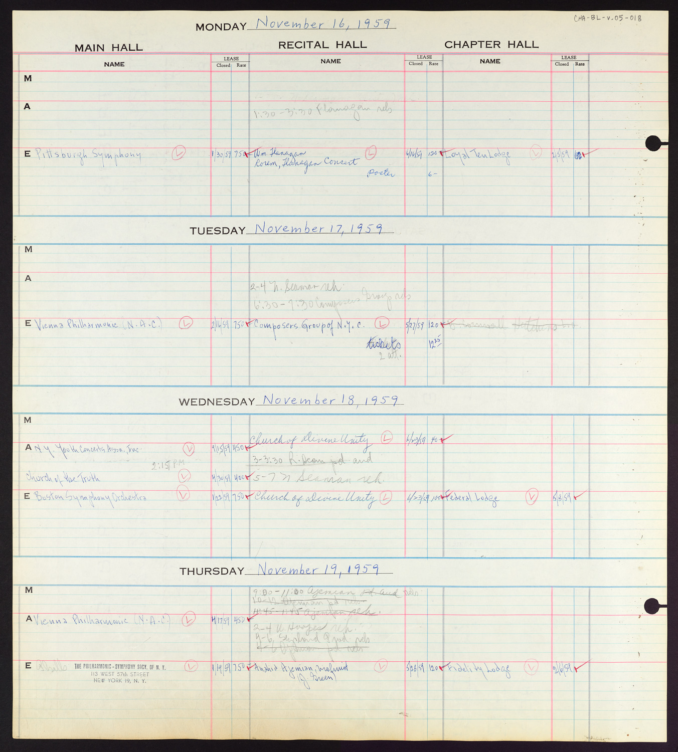 Carnegie Hall Booking Ledger, volume 5, page 18