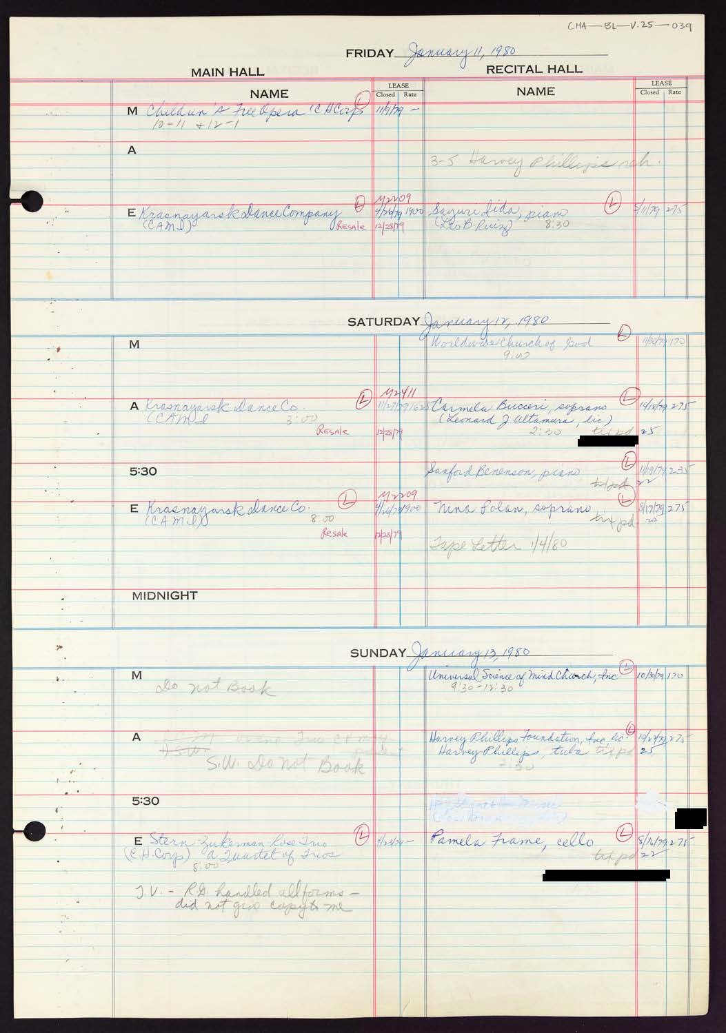 Carnegie Hall Booking Ledger, volume 25, page 39