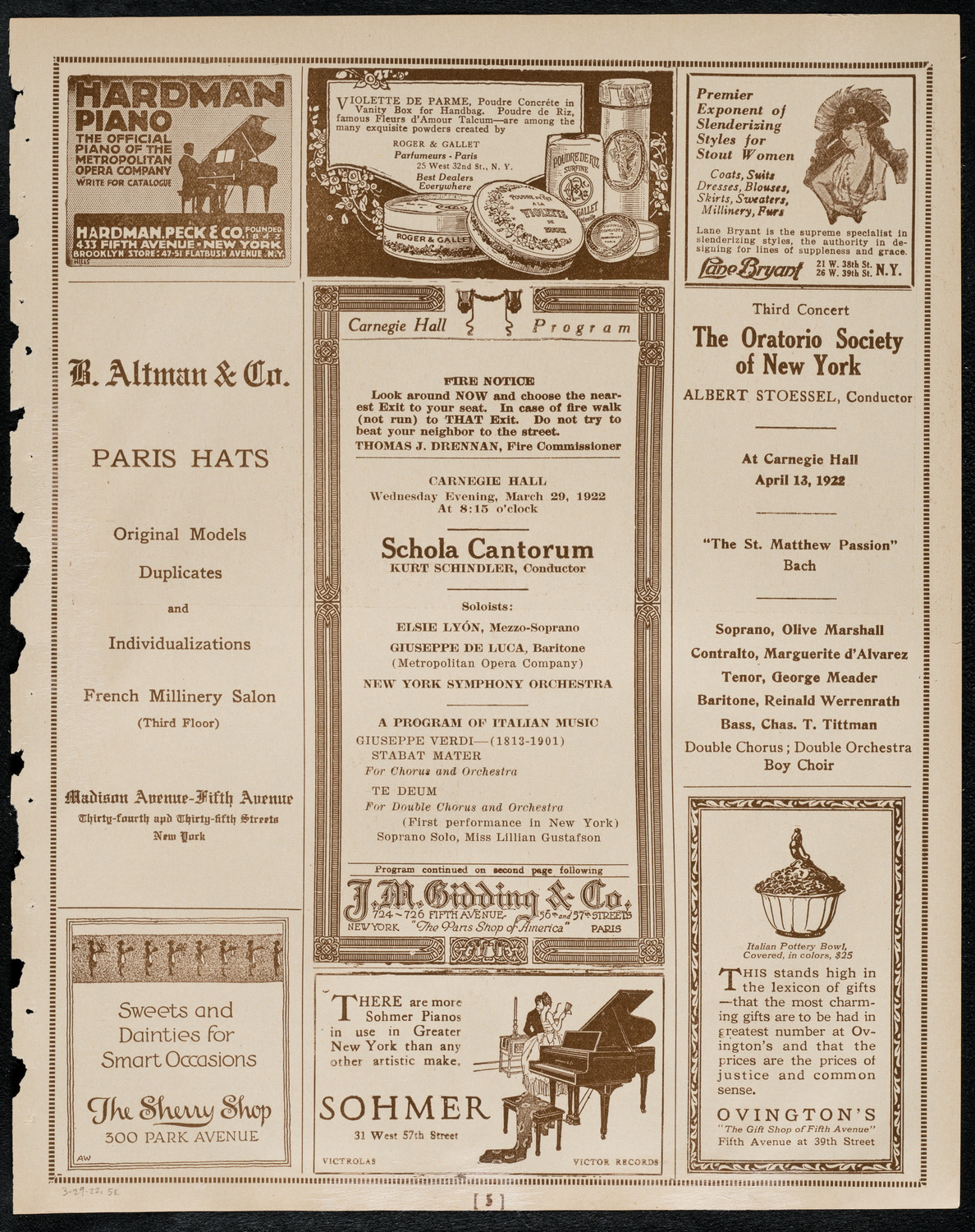 Schola Cantorum of New York, March 29, 1922, program page 5