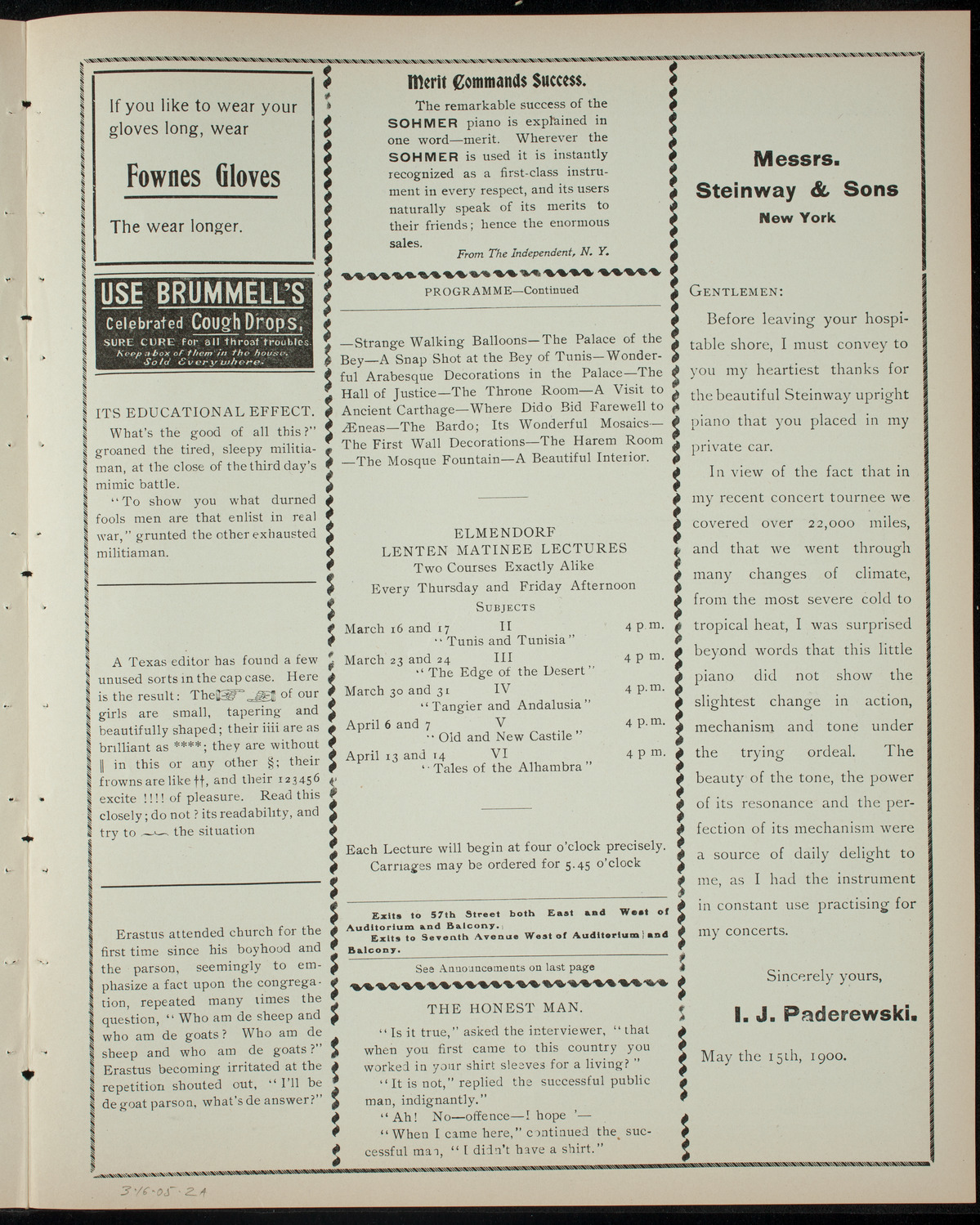 Elmendorf Lecture: Tunis and Tunisia, March 16, 1905, program page 3