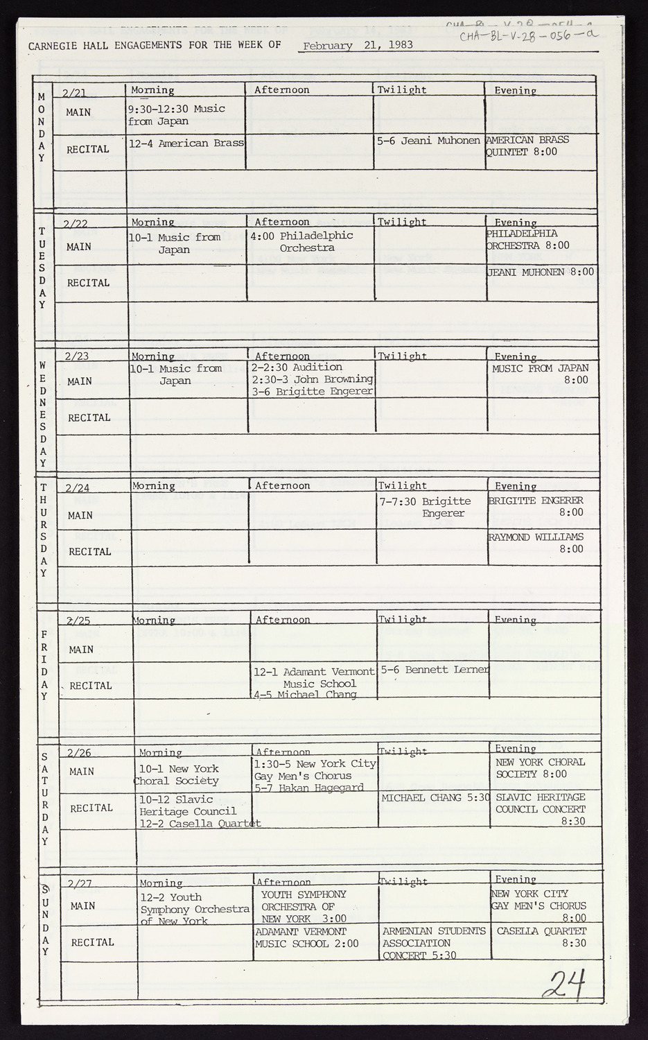 Carnegie Hall Booking Ledger, volume 28, page 56a