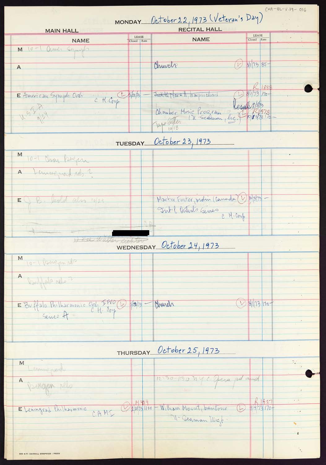 Carnegie Hall Booking Ledger, volume 19, page 16