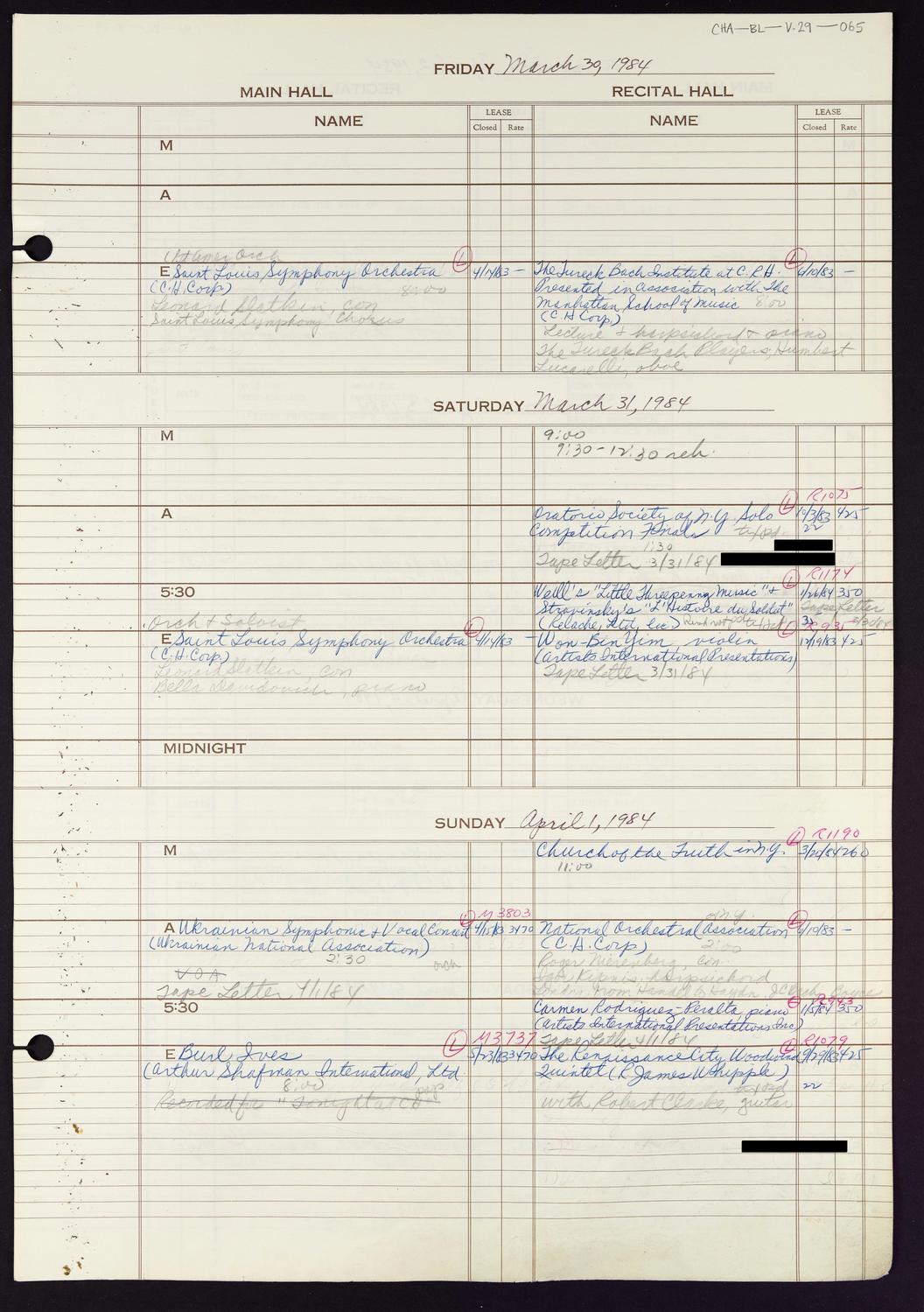 Carnegie Hall Booking Ledger, volume 29, page 65