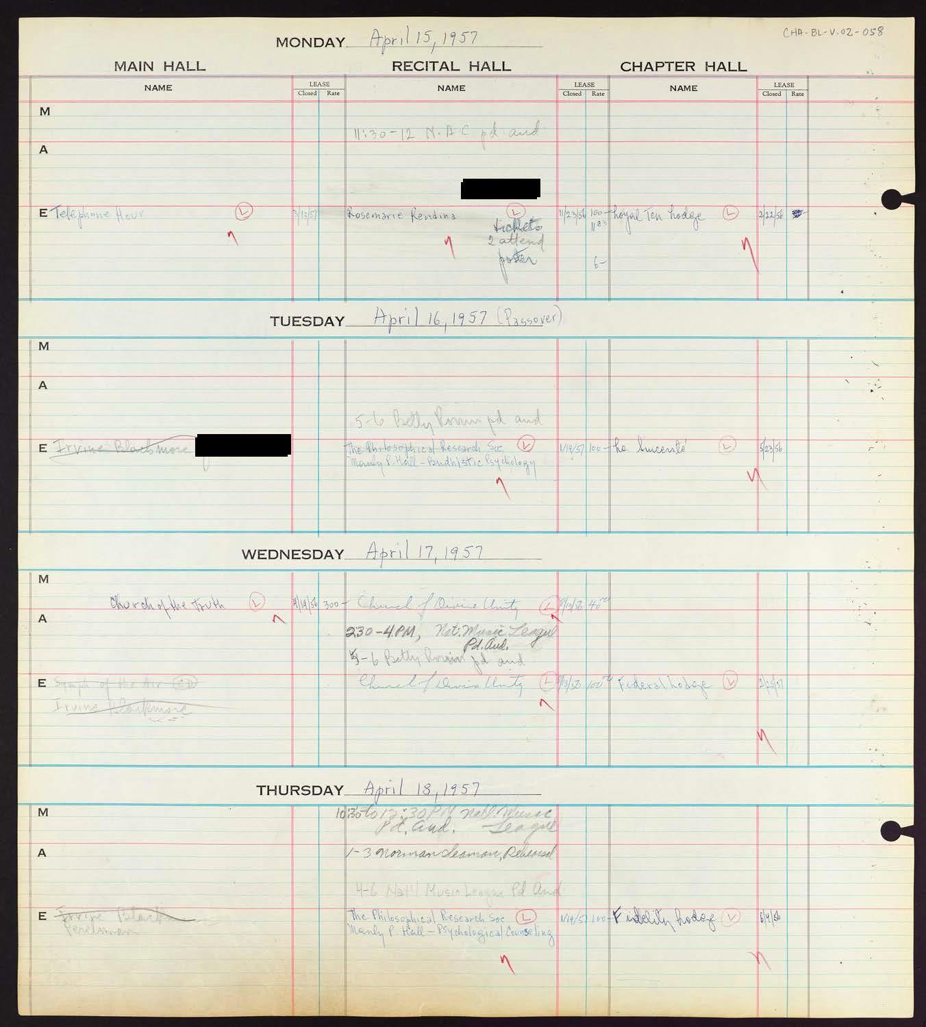 Carnegie Hall Booking Ledger, volume 2, page 58