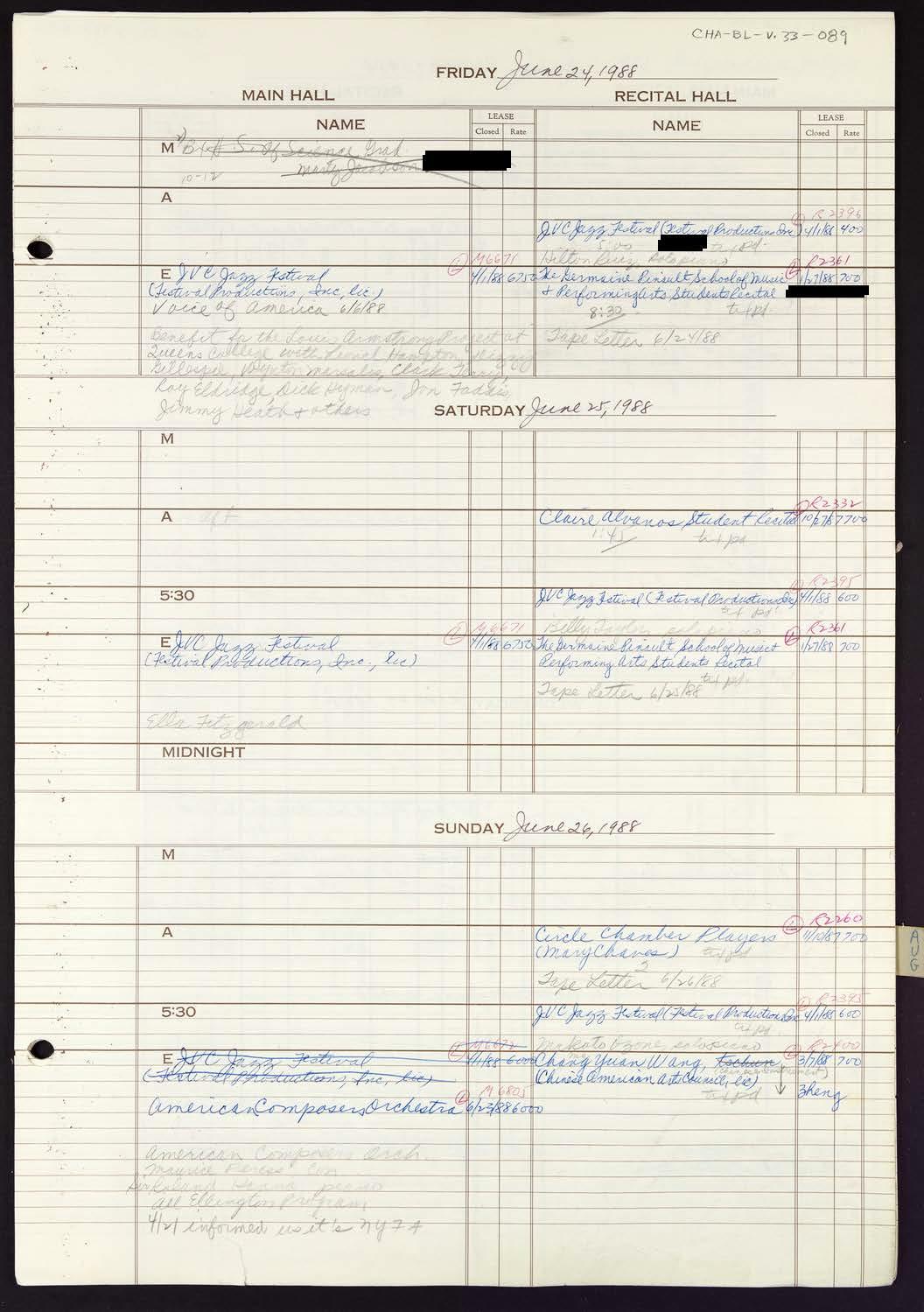 Carnegie Hall Booking Ledger, volume 33, page 89