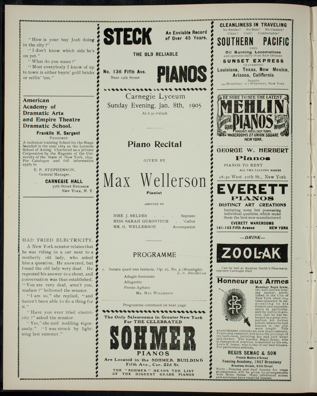 Max Wellerson with Mme. J. Seldes and Sarah Gurovitch, January 8, 1905, program page 2