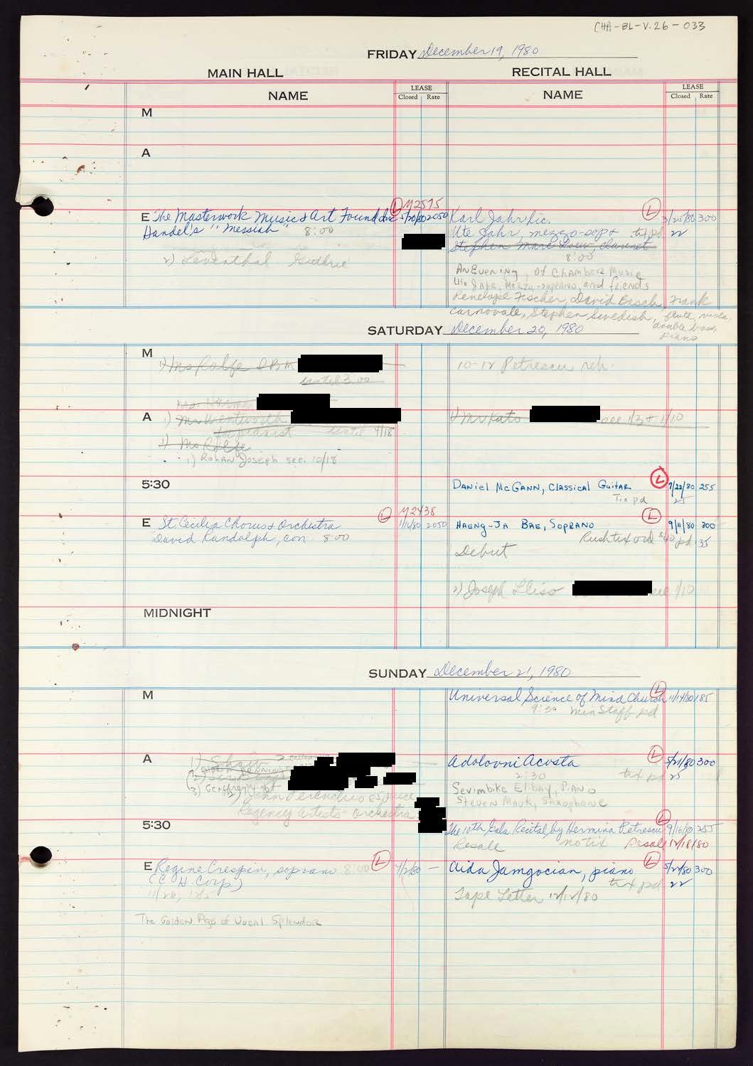 Carnegie Hall Booking Ledger, volume 26, page 33