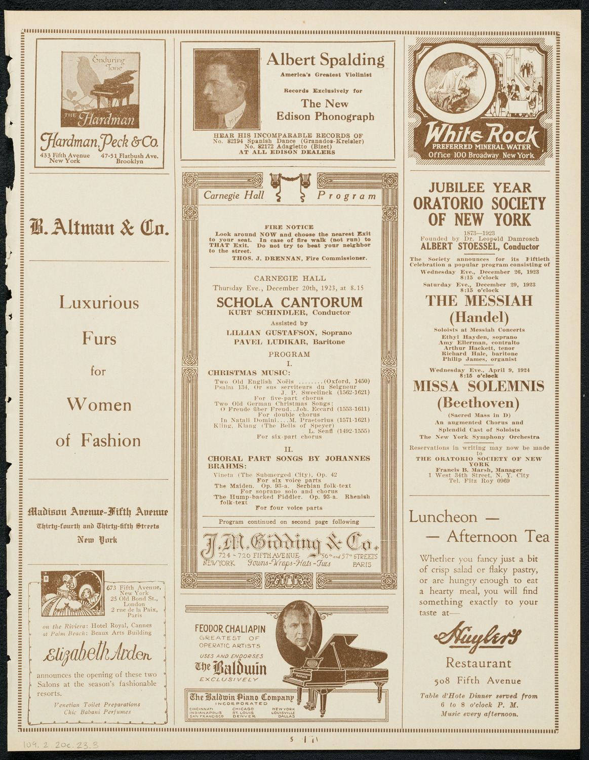 Schola Cantorum of New York, December 20, 1923, program page 5
