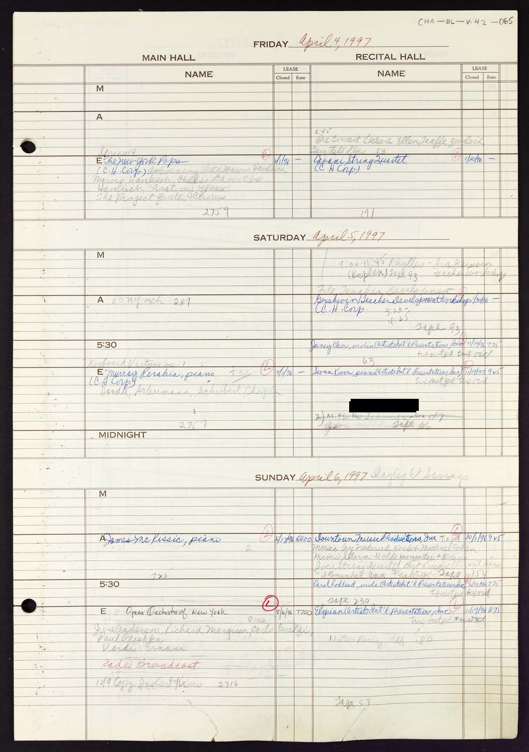 Carnegie Hall Booking Ledger, volume 42, page 65