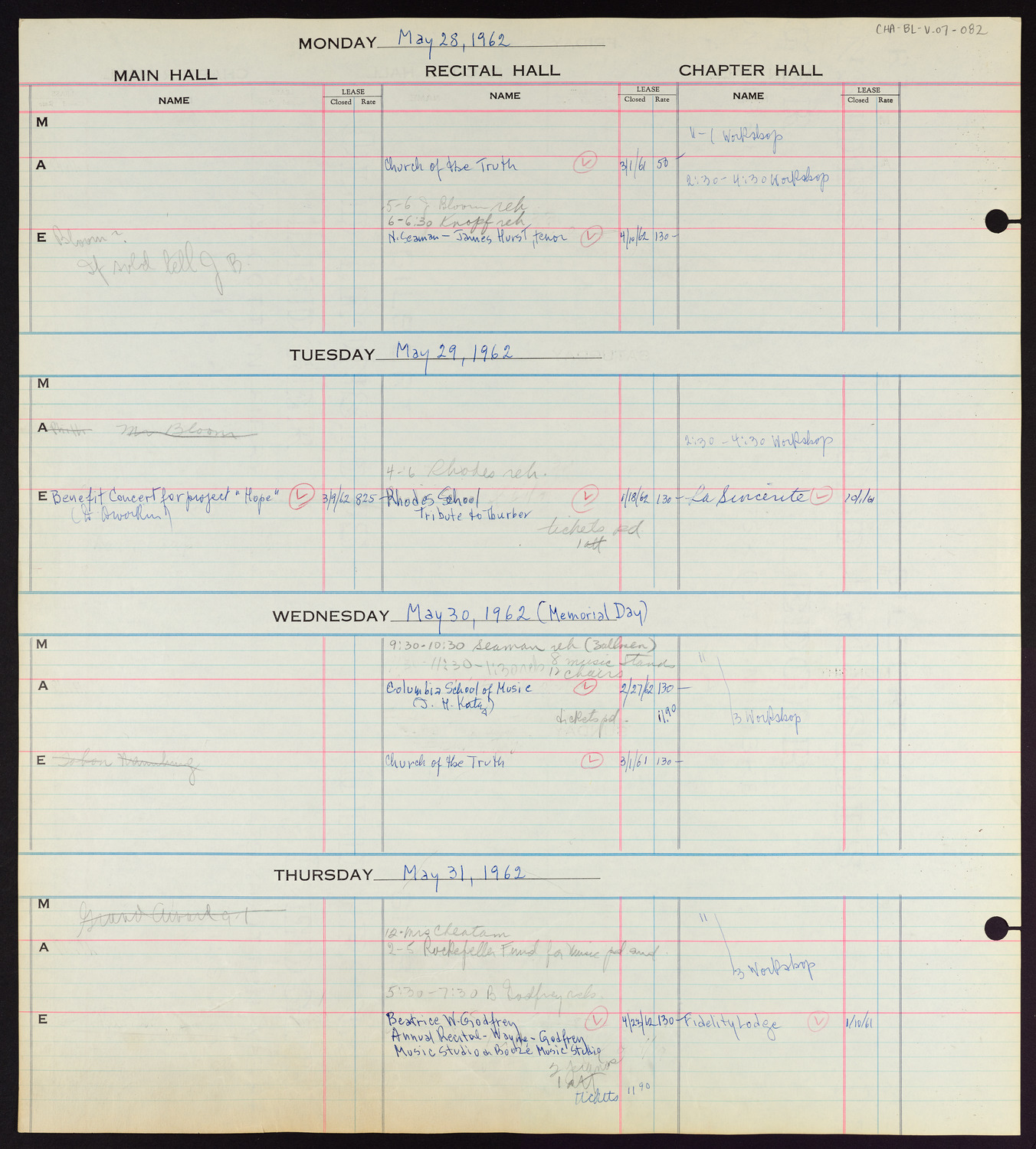 Carnegie Hall Booking Ledger, volume 7, page 82