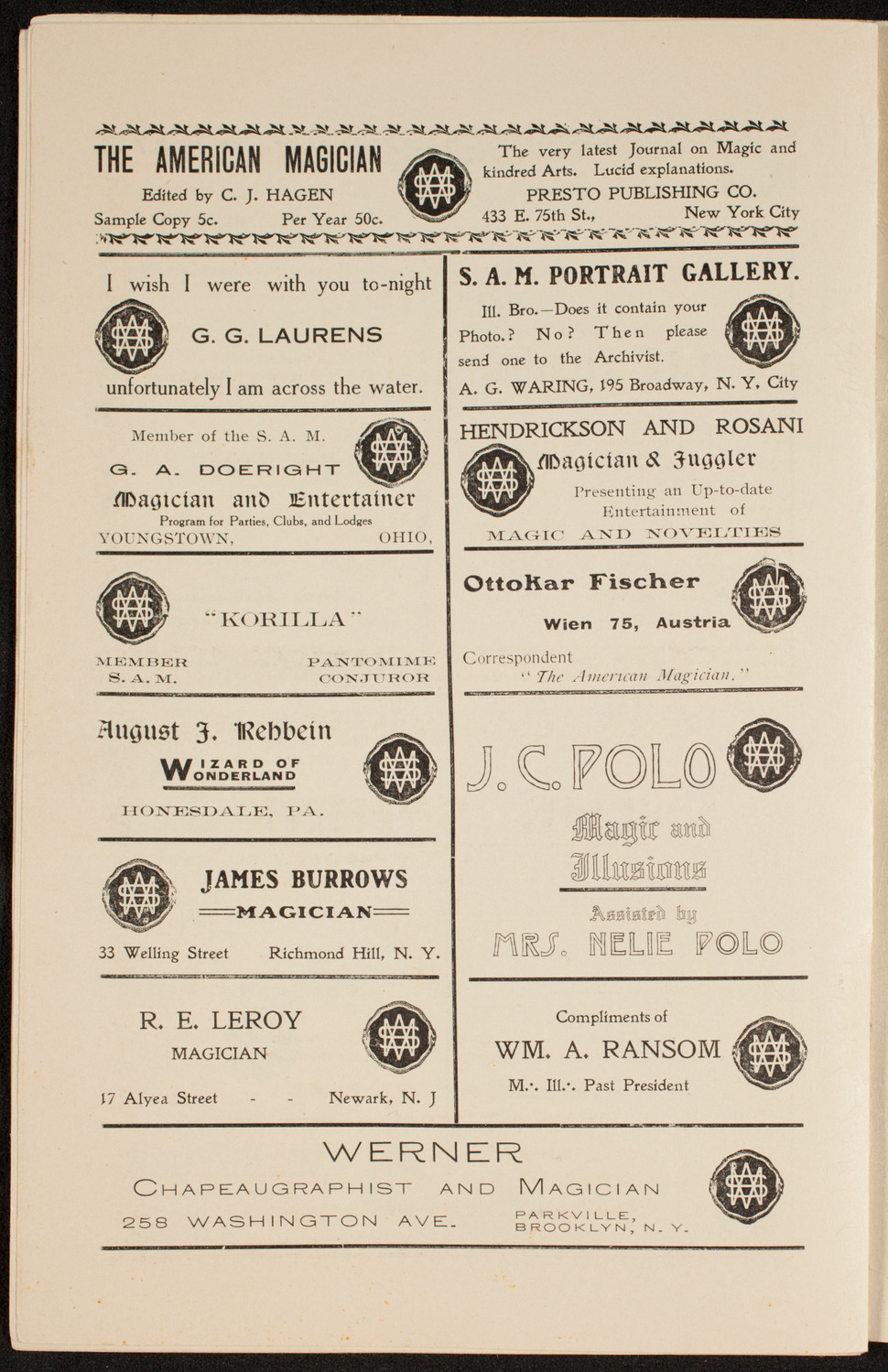 Society of American Magicians, January 14, 1911, program page 14