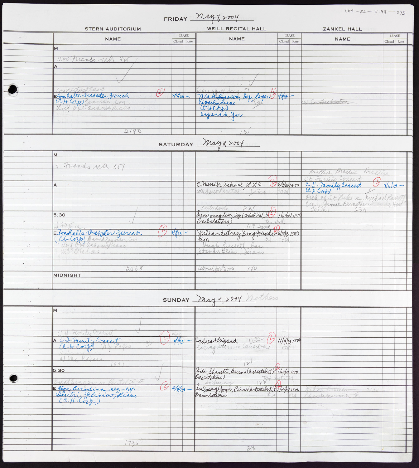 Carnegie Hall Booking Ledger, volume 49, page 75