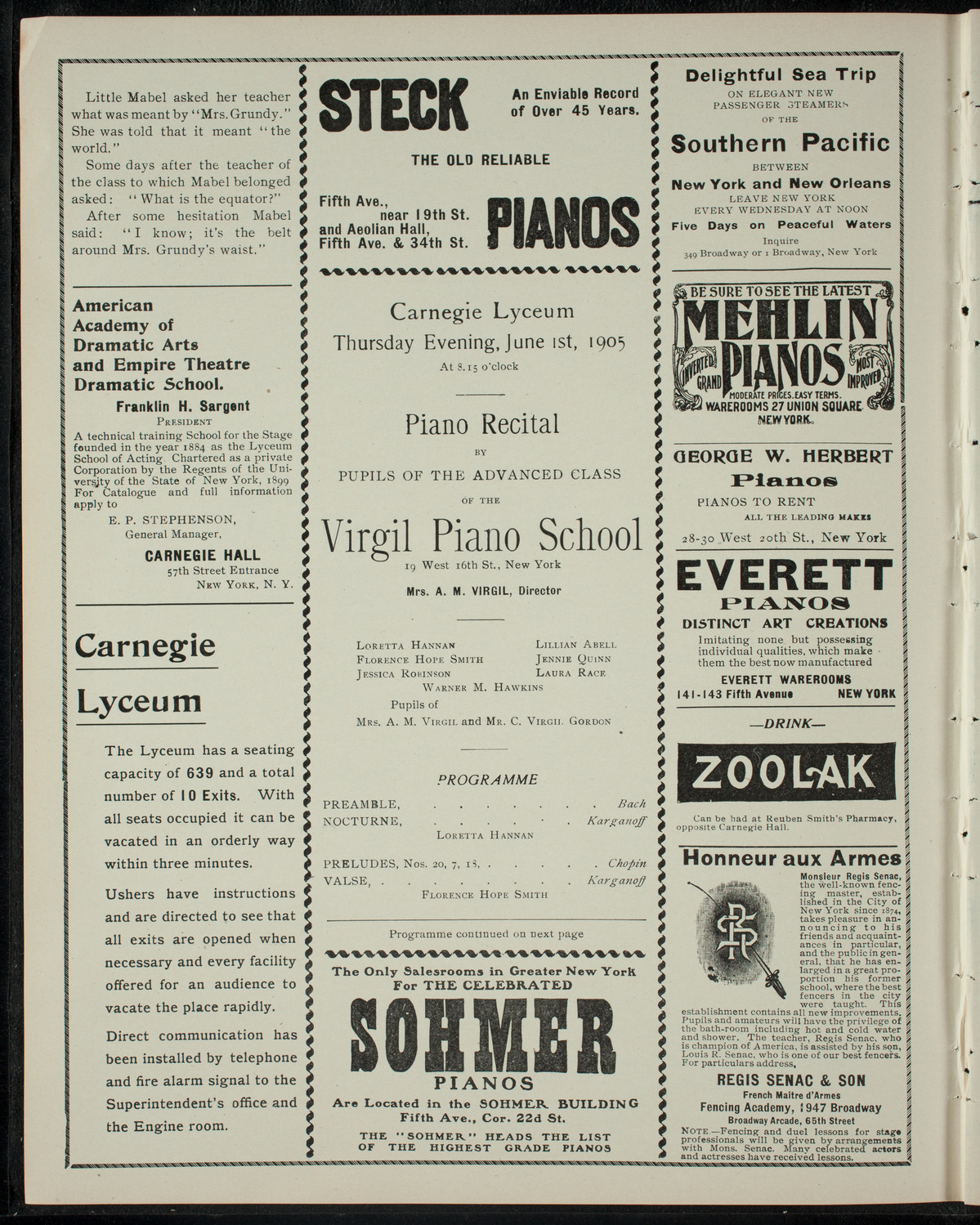 Virgil Piano School Advanced Class Recital, June 1, 1905, program page 2