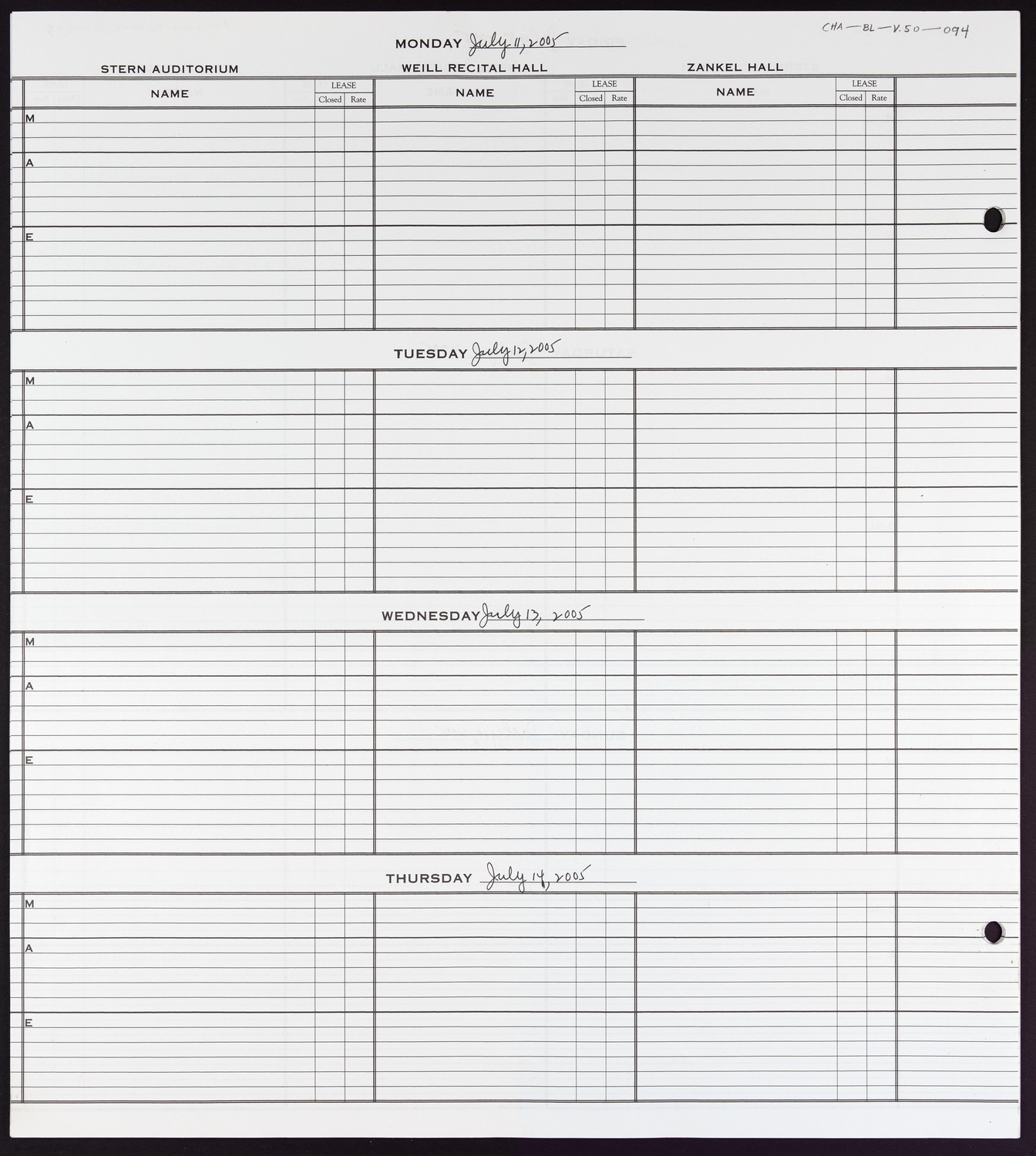 Carnegie Hall Booking Ledger, volume 50, page 94