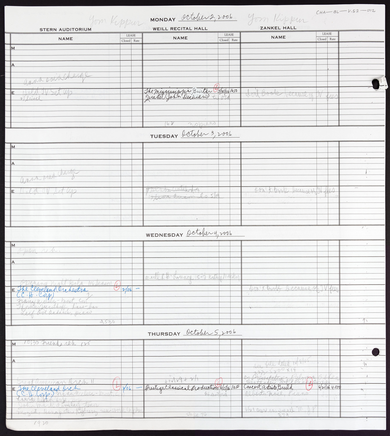 Carnegie Hall Booking Ledger, volume 52, page 12