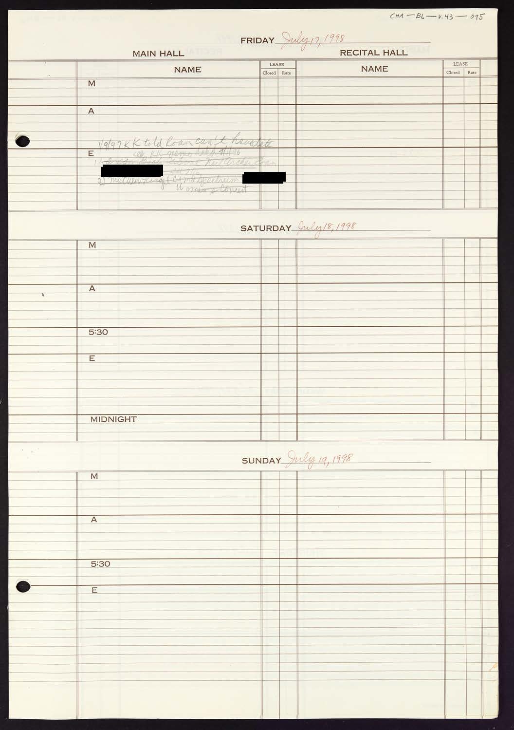 Carnegie Hall Booking Ledger, volume 43, page 95