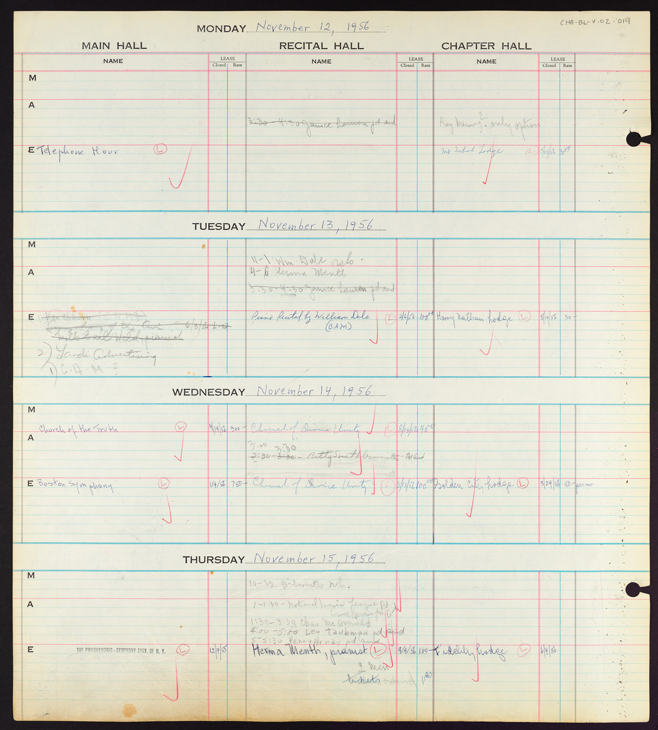 Carnegie Hall Booking Ledger, volume 2, page 14