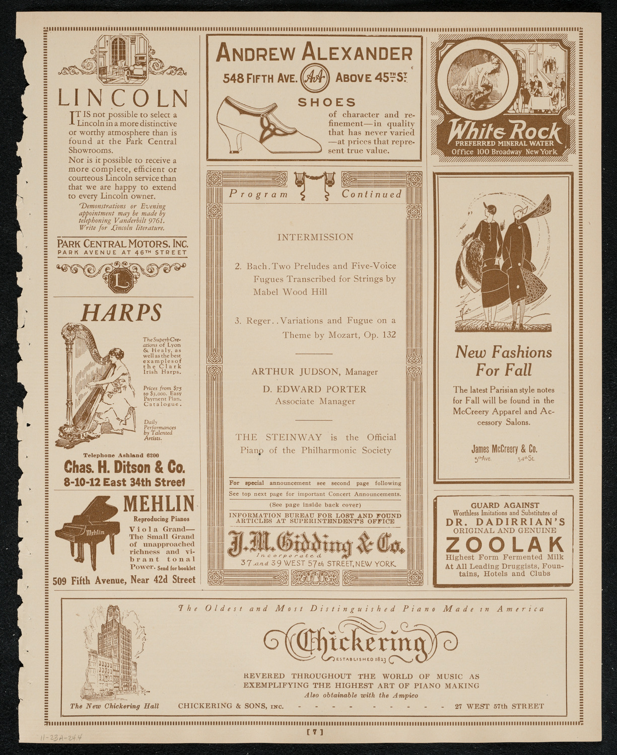 New York Philharmonic, November 23, 1924, program page 7