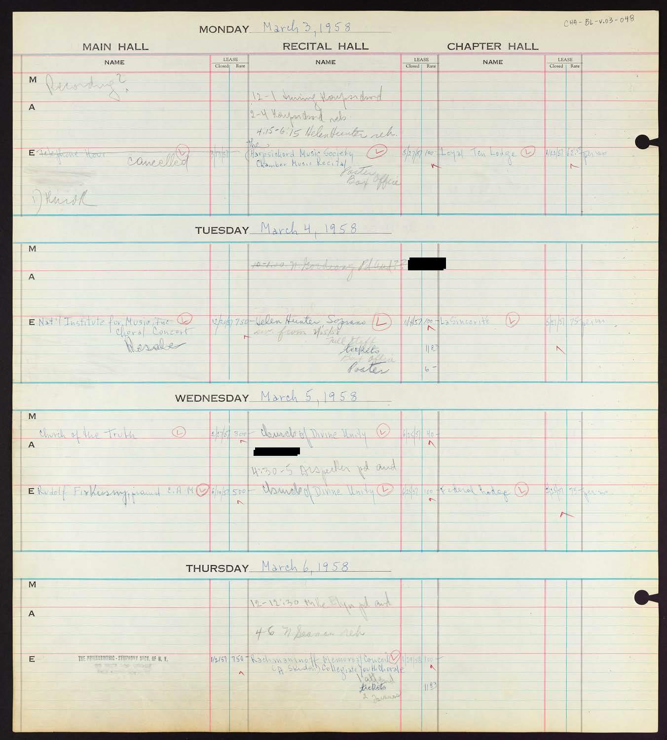 Carnegie Hall Booking Ledger, volume 3, page 48