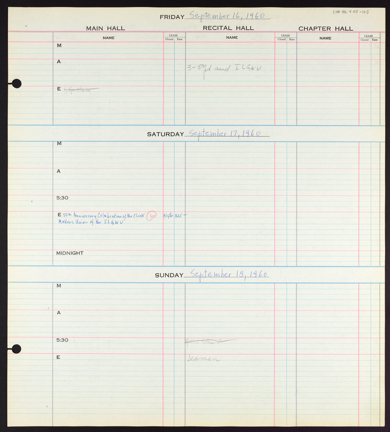 Carnegie Hall Booking Ledger, volume 5, page 105