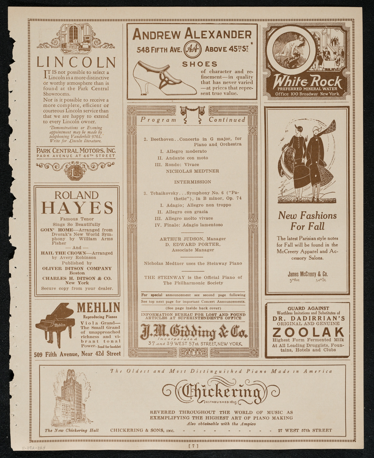 New York Philharmonic, November 28, 1924, program page 7