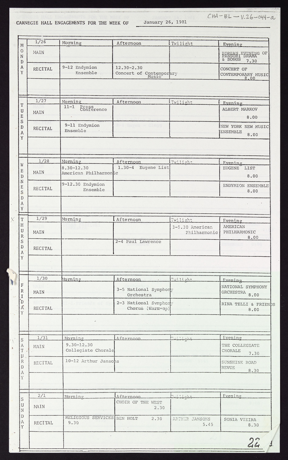 Carnegie Hall Booking Ledger, volume 26, page 44a