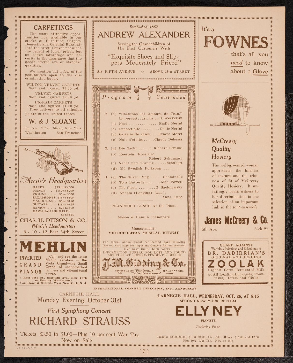 Anna Case, Soprano, October 19, 1921, program page 7