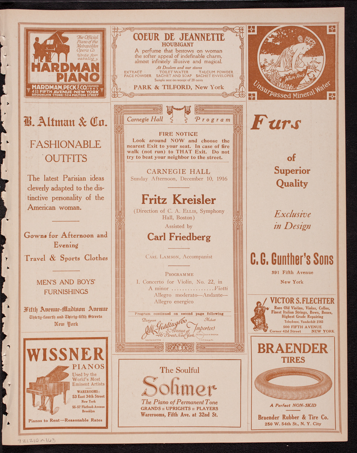 Fritz Kreisler, Violin, assisted by Carl Friedberg, Piano, December 10, 1916, program page 5