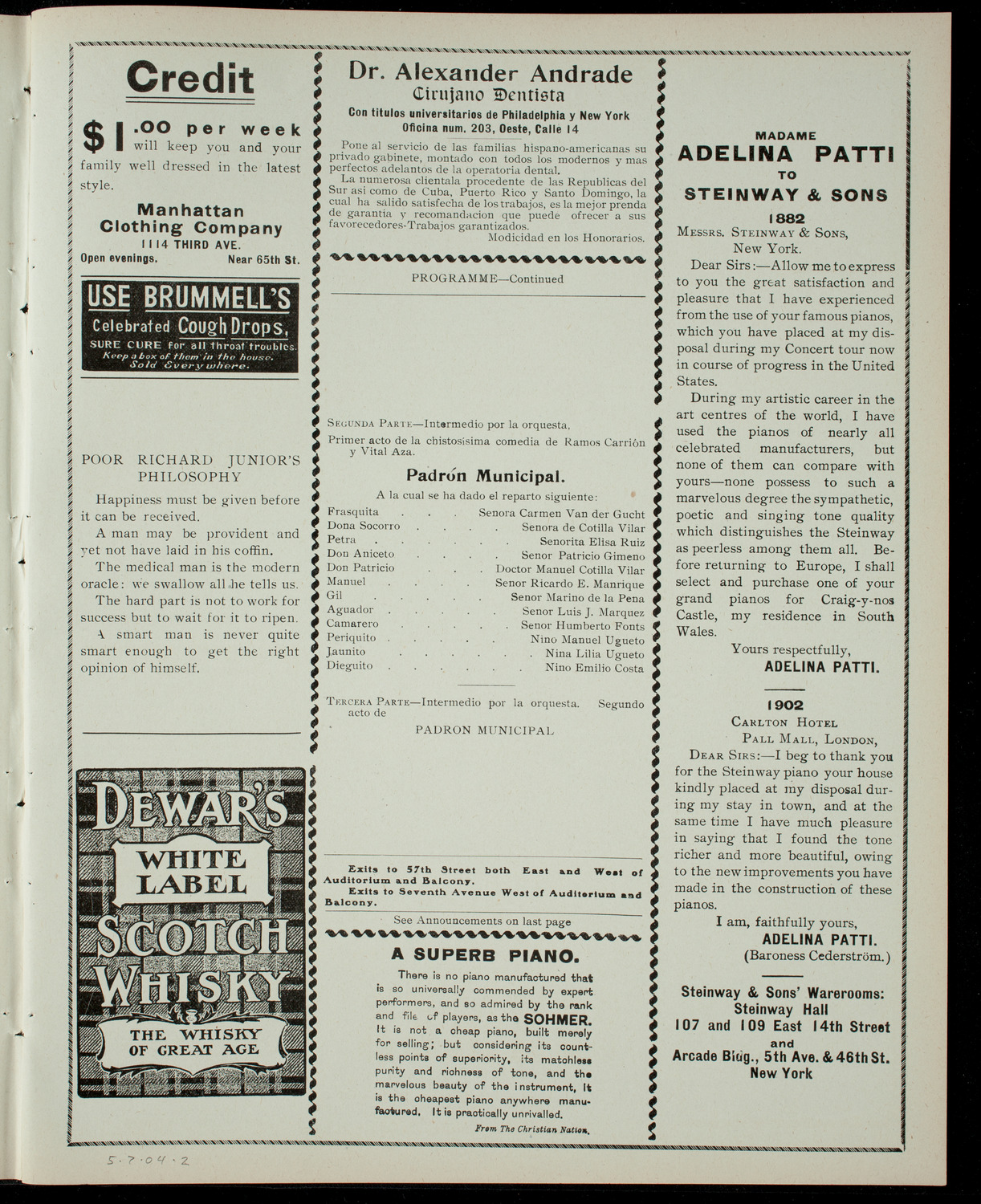 Latin American Association Funcion Inaugural, May 7, 1904, program page 3